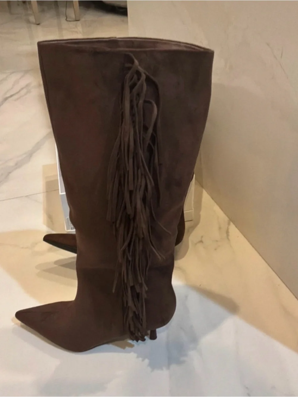 Over-the-Knee Fringe Suede Boots in Brown